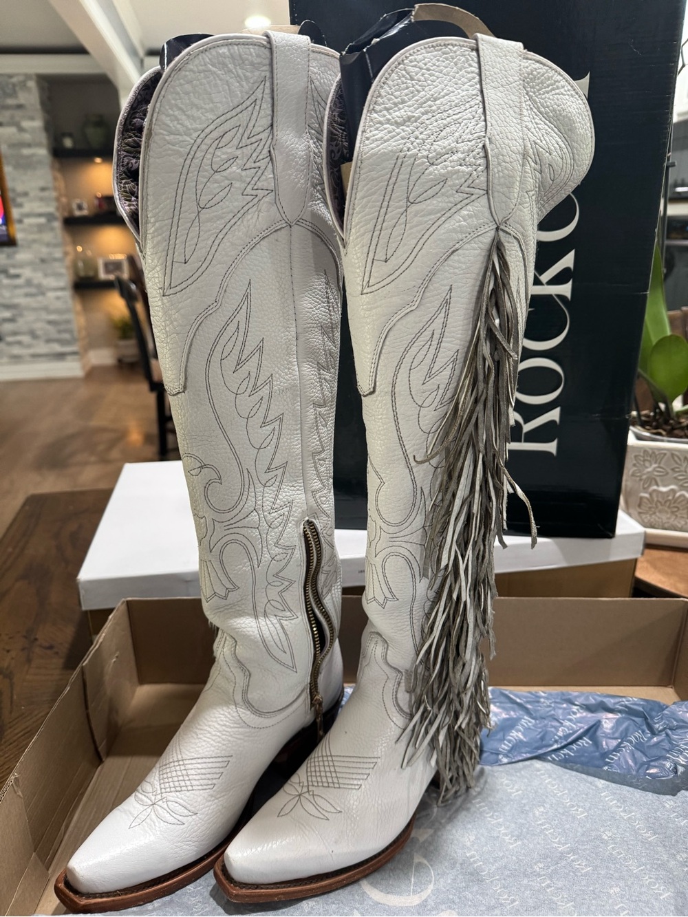 White Fringe Over-the-Knee Western Boots